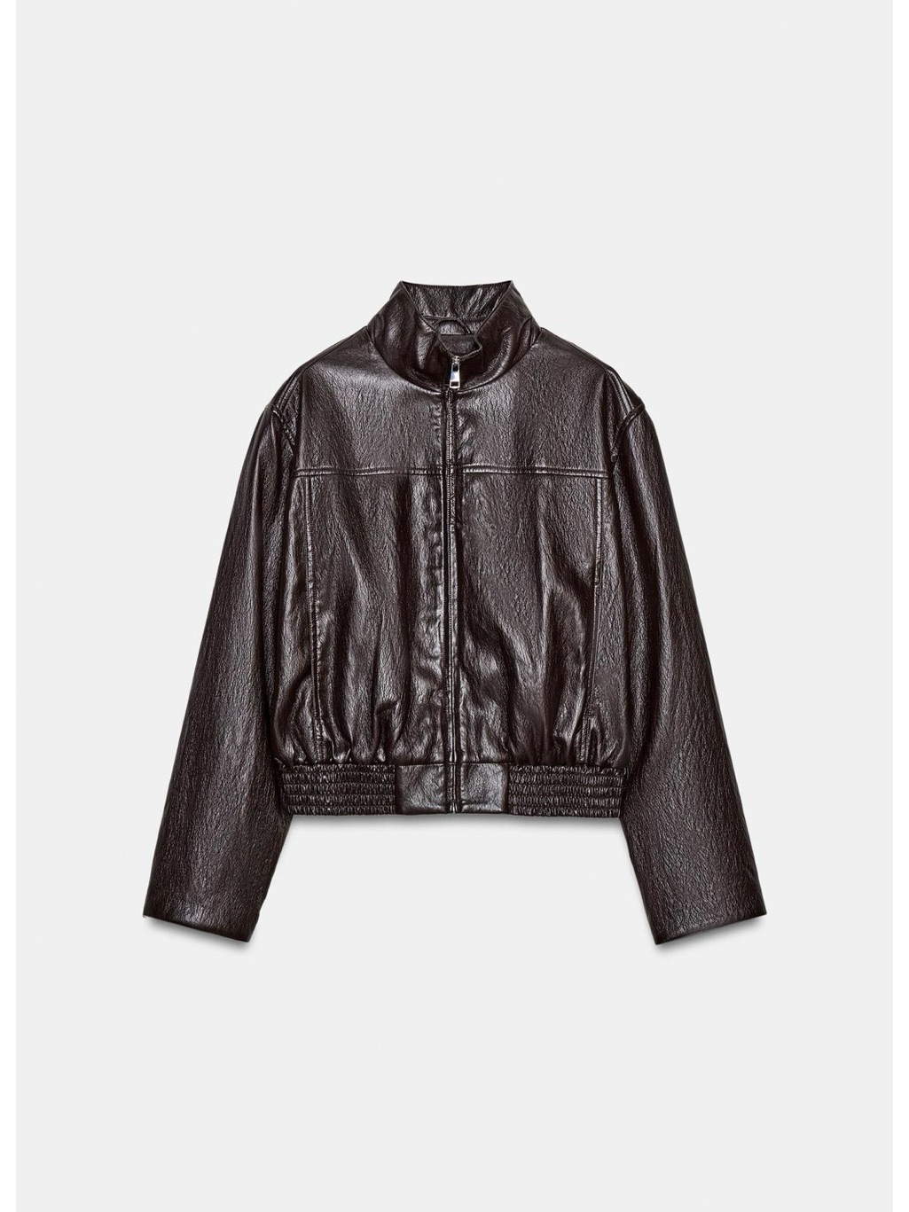 Zara Dark Brown Cropped Faux Leather Bomber Jacket L Nwt
